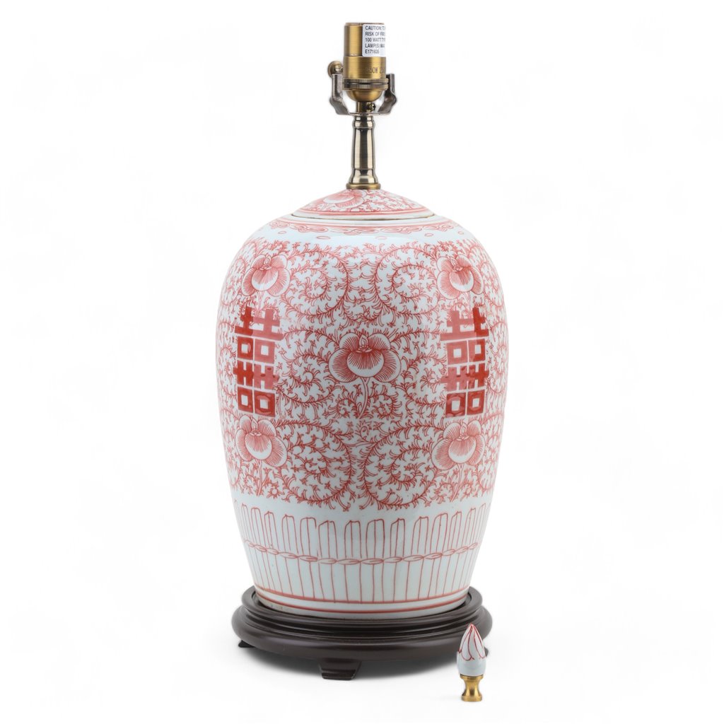 Danny's Fine Porcelain Lighting Danny's Fine Porcelain Melon Jar Lamp - Double Happiness (Salmon Color) (Shade: 108-17-Be) 50953-L