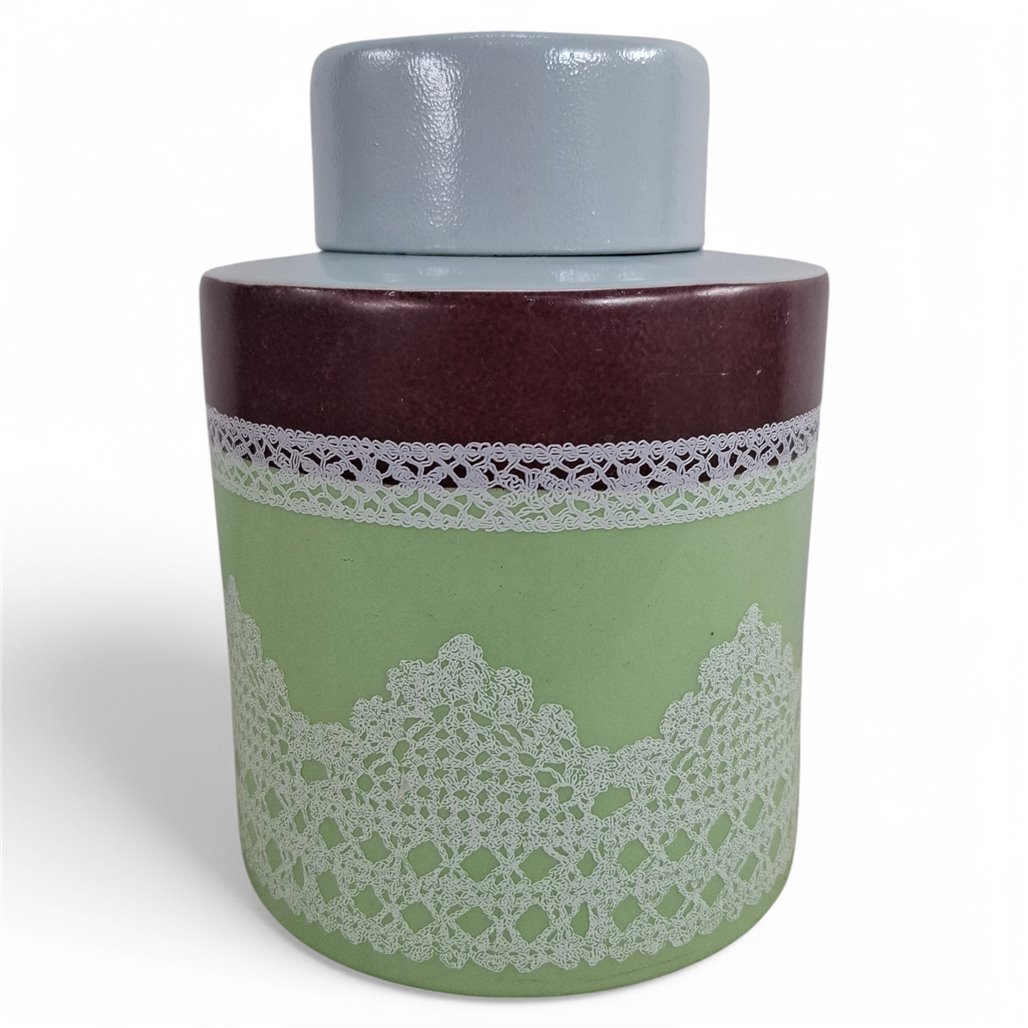 Danny's Fine Porcelain Home Decor Danny's Fine Porcelain Mint Lace Jarcylindrical Lidded Jar Featuring Soft Mint Green Panels with - CLOSEOUT SAMPLE SALE
