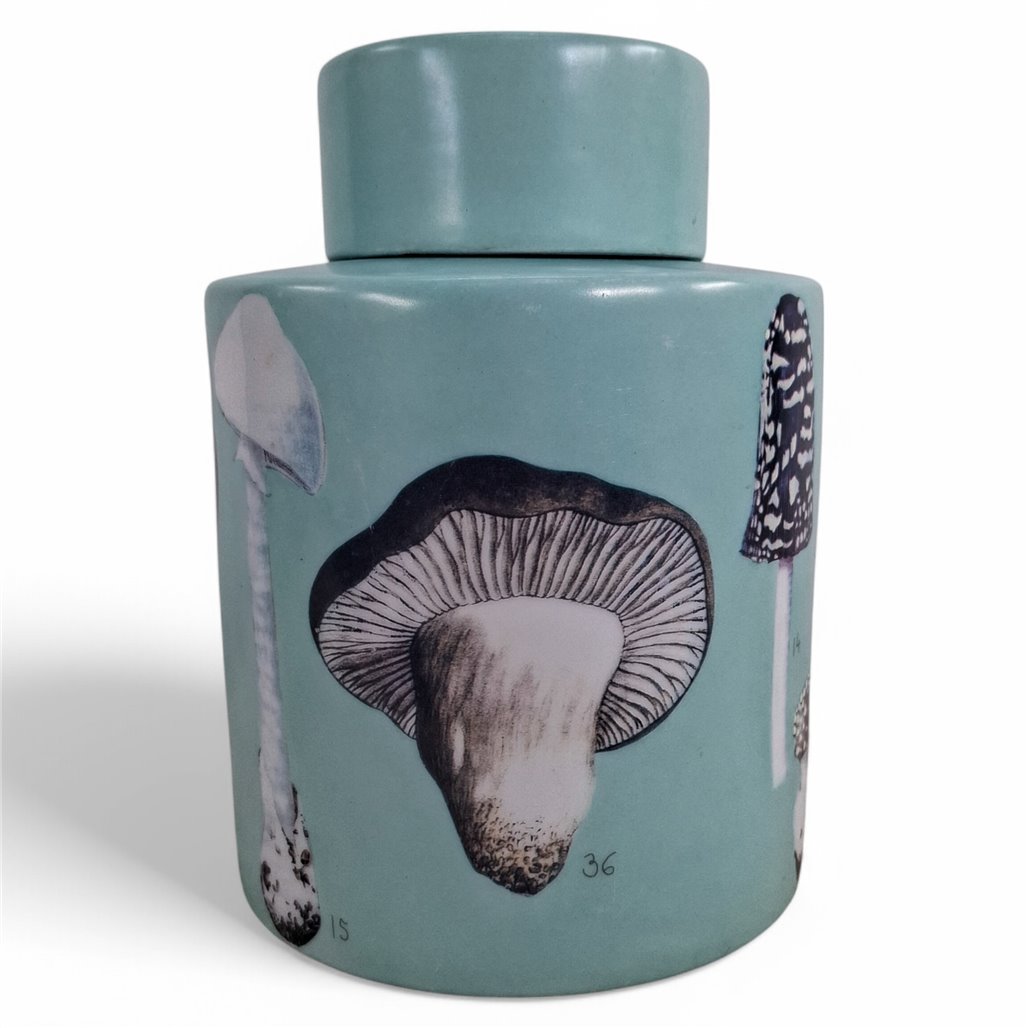 Danny's Fine Porcelain Home Decor Danny's Fine Porcelain Mushroom Study Jarcylindrical Lidded Jar Featuring A Detailed Mushroom - CLOSEOUT SAMPLE SALE