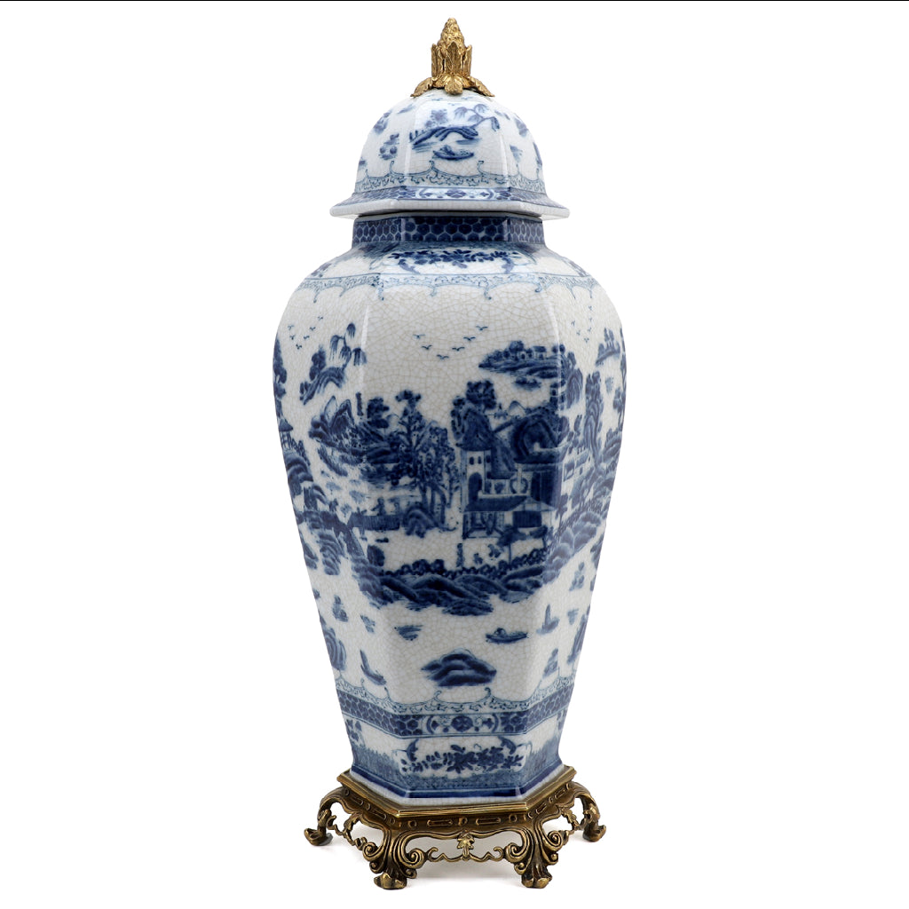 Danny's Fine Porcelain Home Decor Danny's Fine Porcelain Octagonal Lidded Jar With Bronze Ormolu- Blue Willow 60370