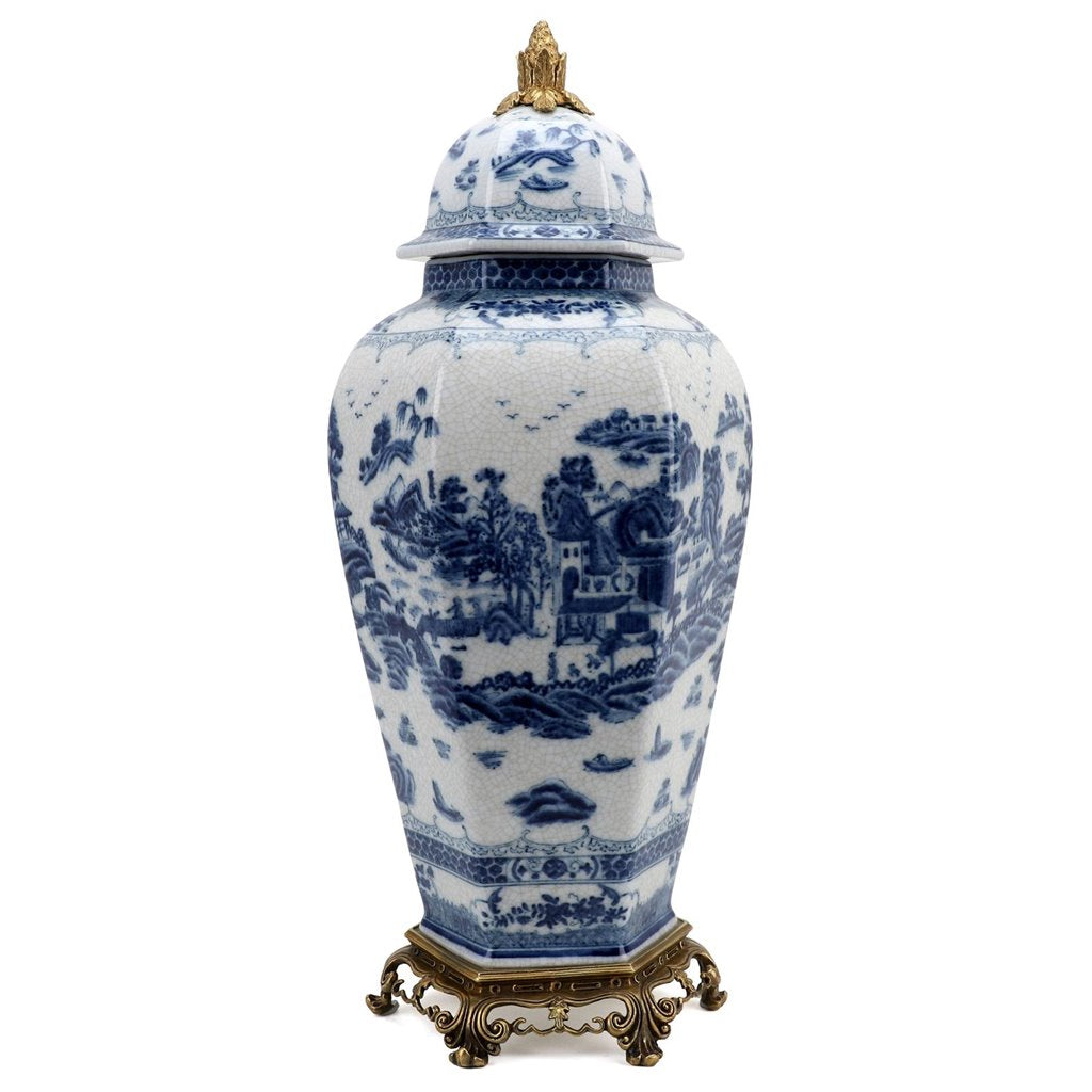 Danny's Fine Porcelain Home Decor Danny's Fine Porcelain Octagonal Lidded Jar With Bronze Ormolu- Blue Willow 60370