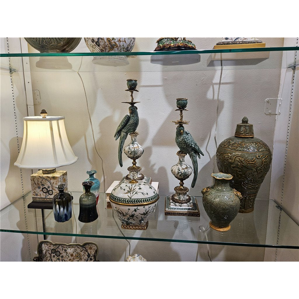 Danny's Fine Porcelain Home Decor Danny's Fine Porcelain Parrot Candle Holder with Bronze Ormolu- Verdant Flight (right) -Each