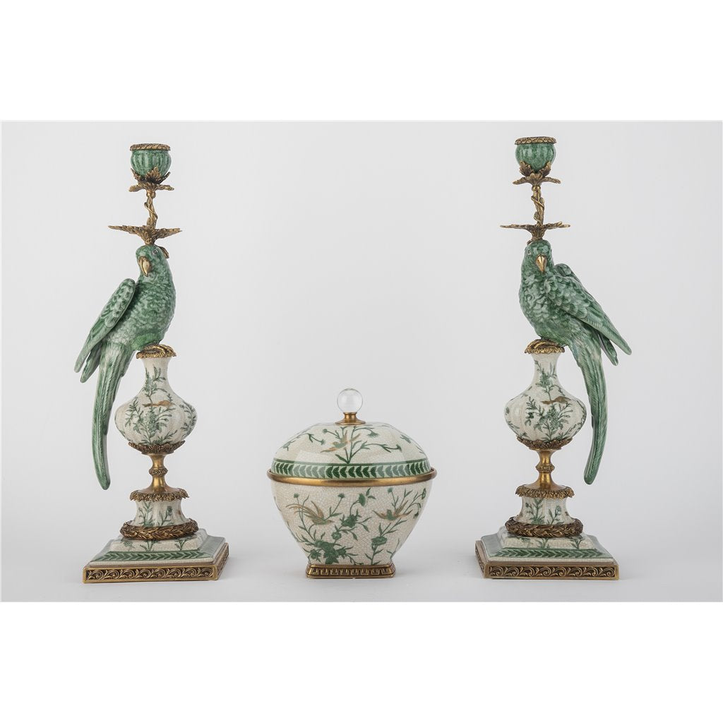 Danny's Fine Porcelain Home Decor Danny's Fine Porcelain Parrot Candle Holder with Bronze Ormolu- Verdant Flight (right) -Each