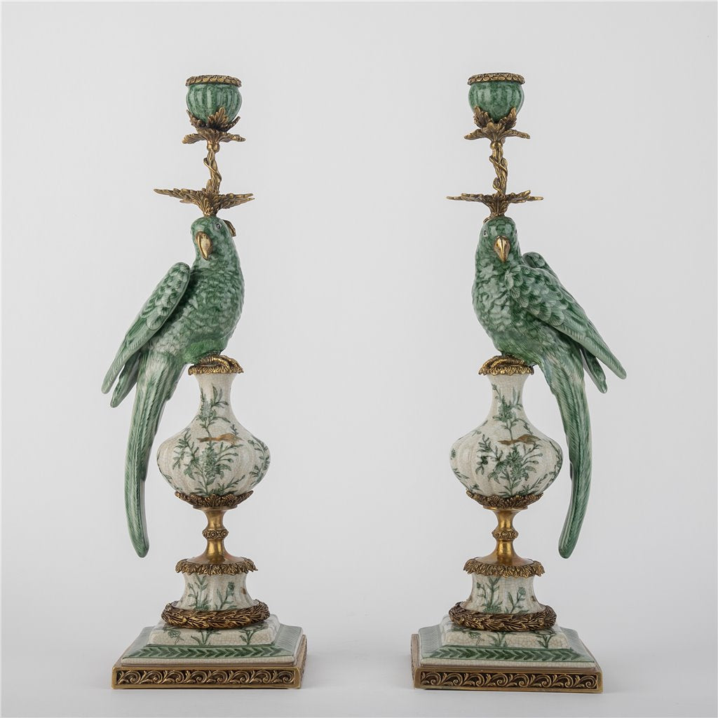 Danny's Fine Porcelain Home Decor Danny's Fine Porcelain Parrot Candle Holder with Bronze Ormolu- Verdant Flight (right) -Each
