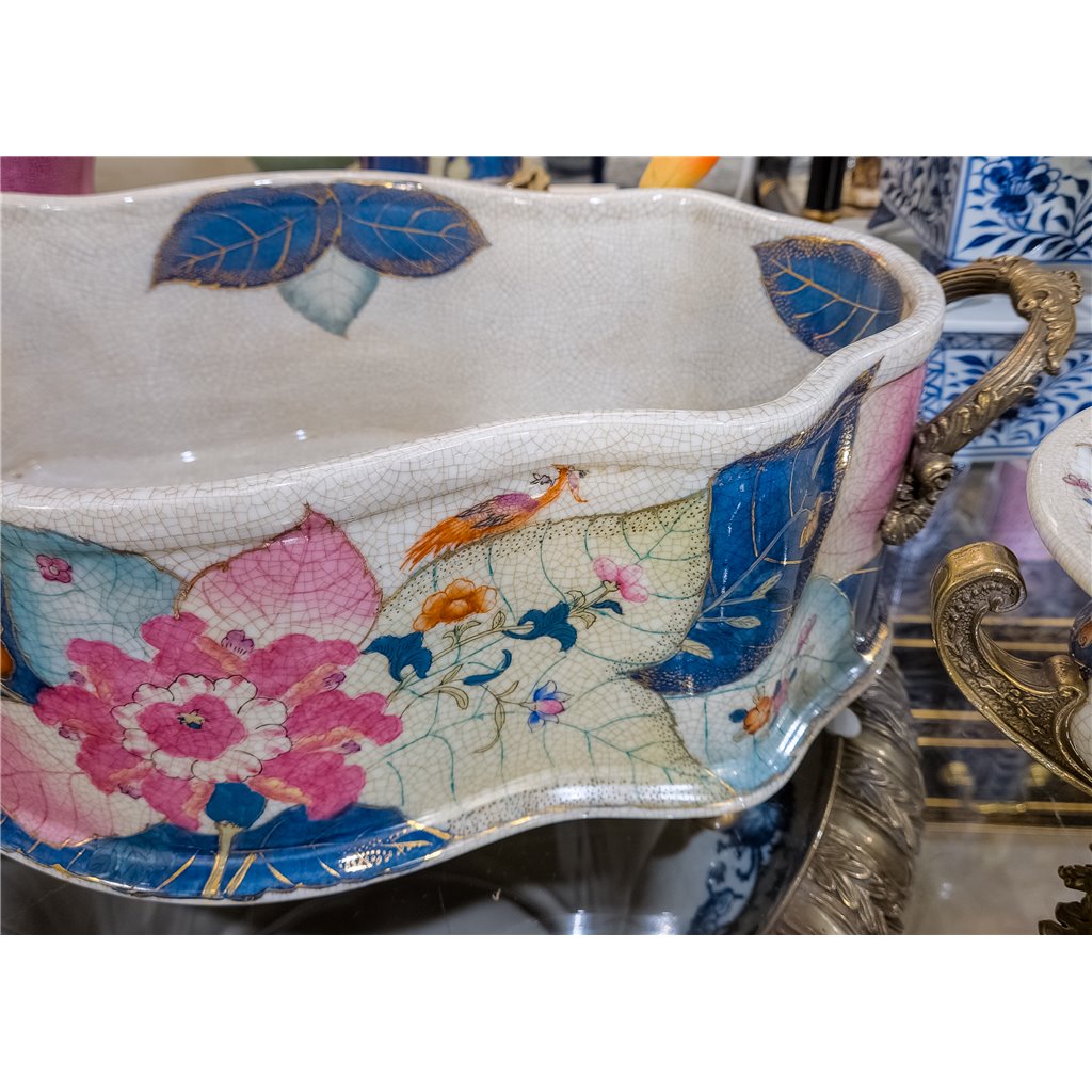 Danny's Fine Porcelain Home Decor Danny's Fine Porcelain Porcelain Basin With Bronze Ormolu- Tobacco Leaf (Pure Gold Glazed) 60261