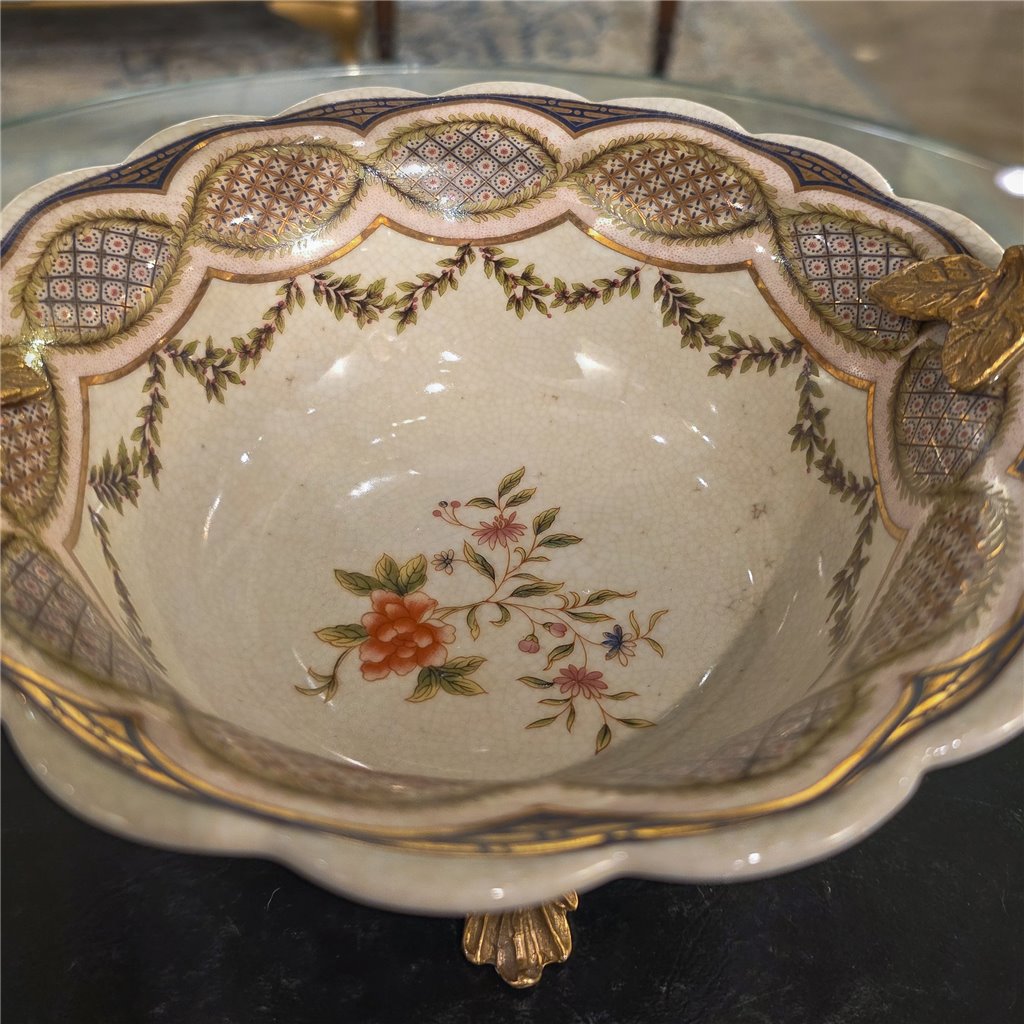 Danny's Fine Porcelain Home Decor Danny's Fine Porcelain Porcelain Basket with Ormolu Handle-Lattice Floral