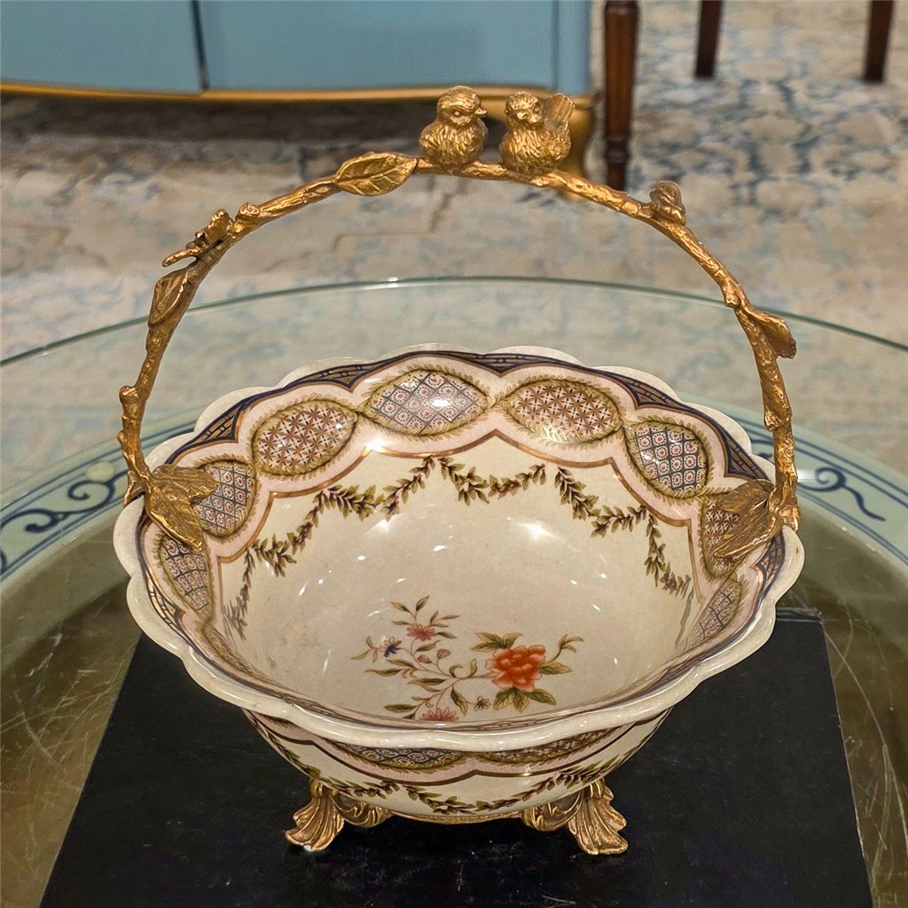 Danny's Fine Porcelain Home Decor Danny's Fine Porcelain Porcelain Basket with Ormolu Handle-Lattice Floral