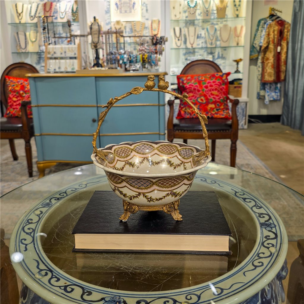 Danny's Fine Porcelain Home Decor Danny's Fine Porcelain Porcelain Basket with Ormolu Handle-Lattice Floral
