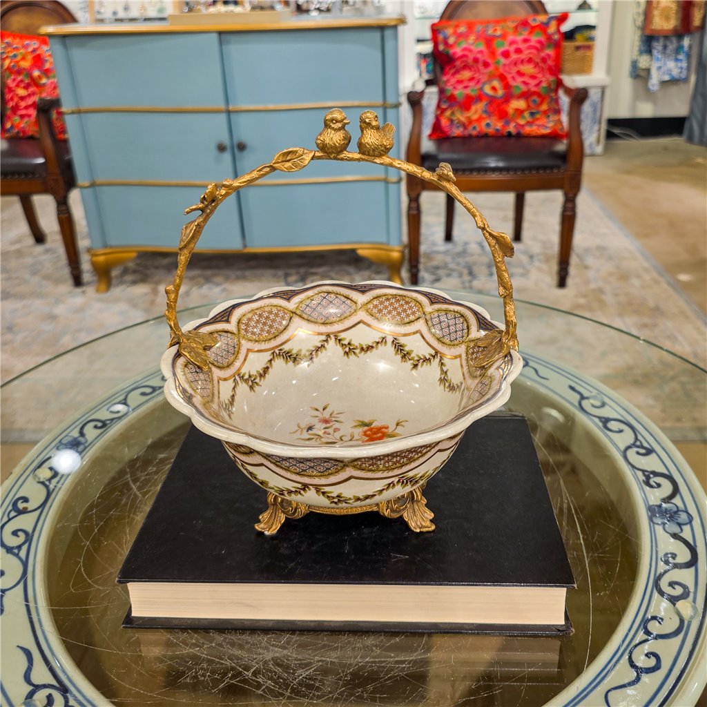 Danny's Fine Porcelain Home Decor Danny's Fine Porcelain Porcelain Basket with Ormolu Handle-Lattice Floral