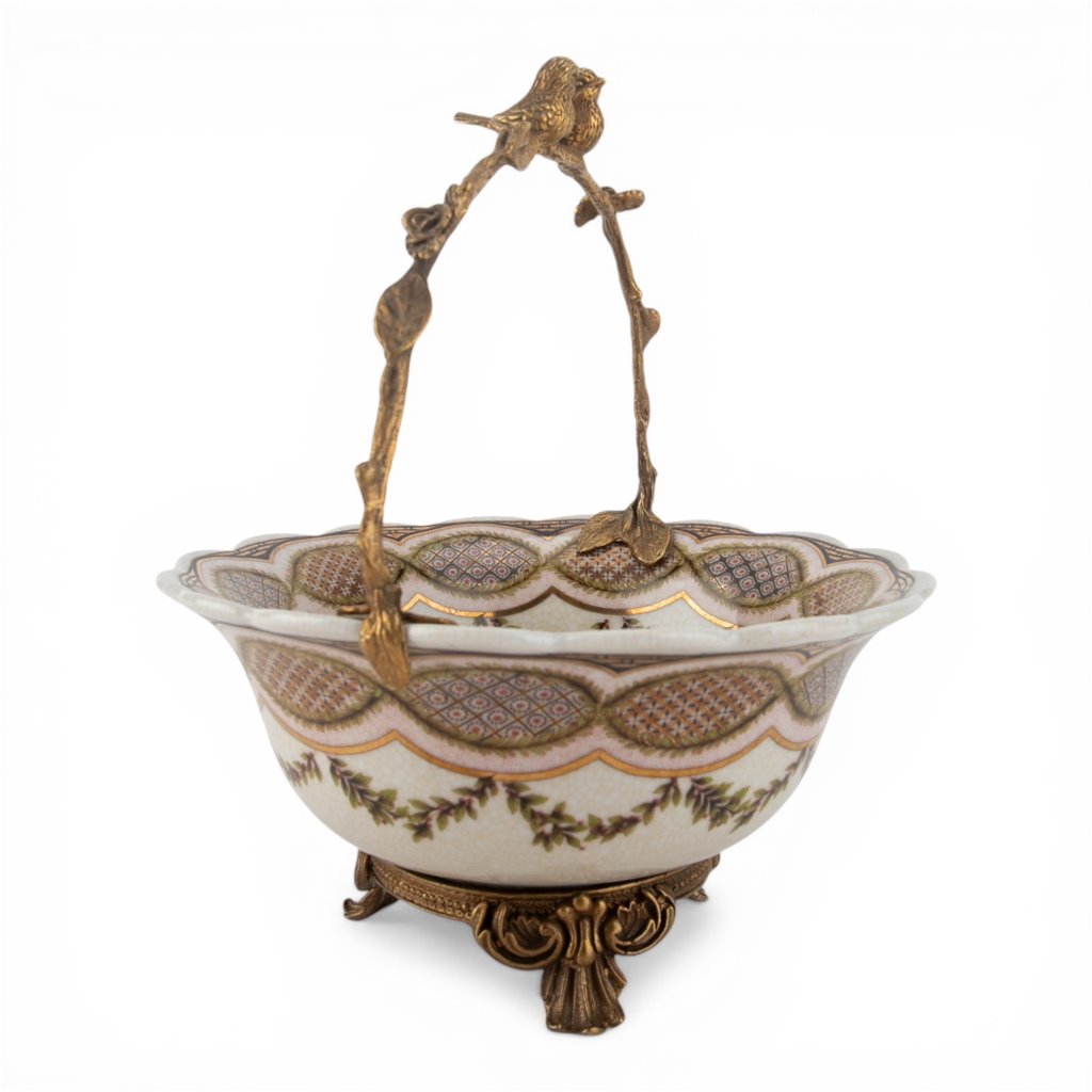 Danny's Fine Porcelain Home Decor Danny's Fine Porcelain Porcelain Basket with Ormolu Handle-Lattice Floral