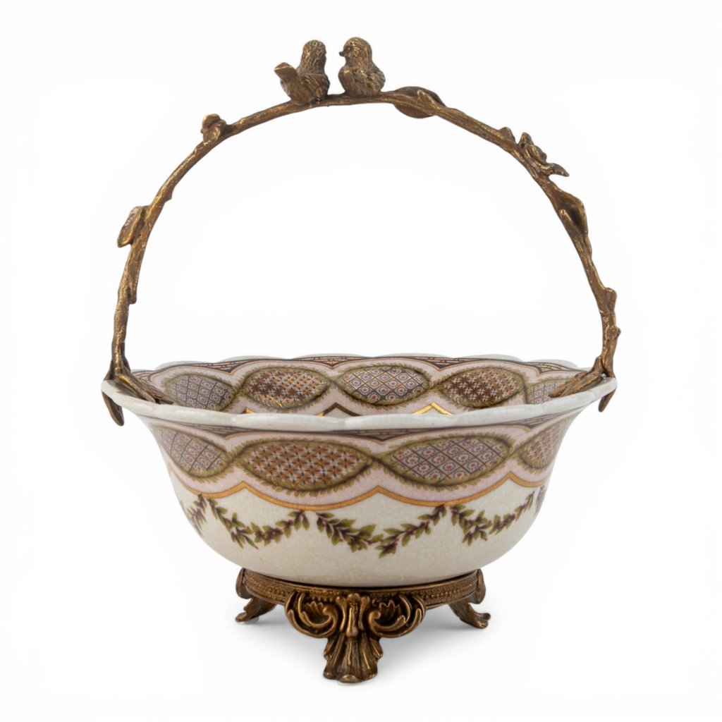 Danny's Fine Porcelain Home Decor Danny's Fine Porcelain Porcelain Basket with Ormolu Handle-Lattice Floral