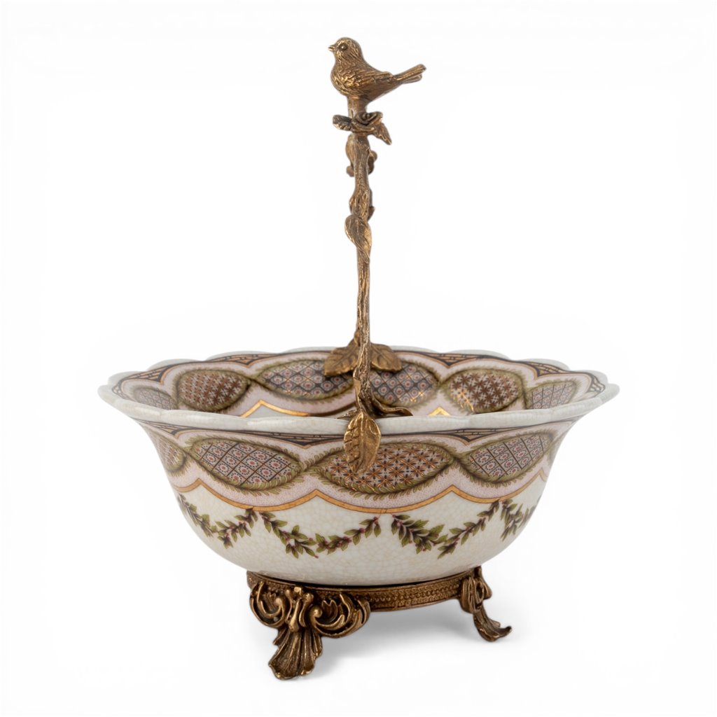 Danny's Fine Porcelain Home Decor Danny's Fine Porcelain Porcelain Basket with Ormolu Handle-Lattice Floral