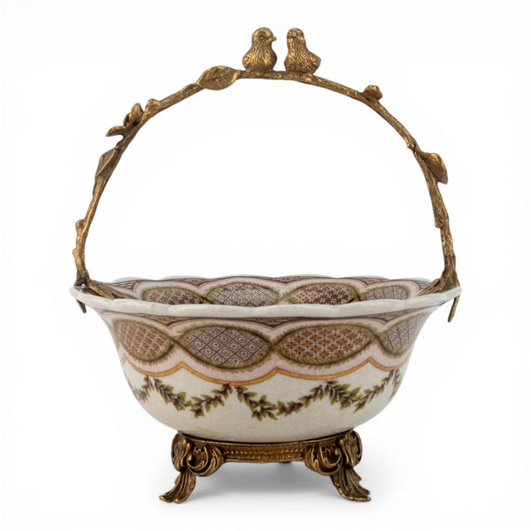 Danny's Fine Porcelain Home Decor Danny's Fine Porcelain Porcelain Basket with Ormolu Handle-Lattice Floral