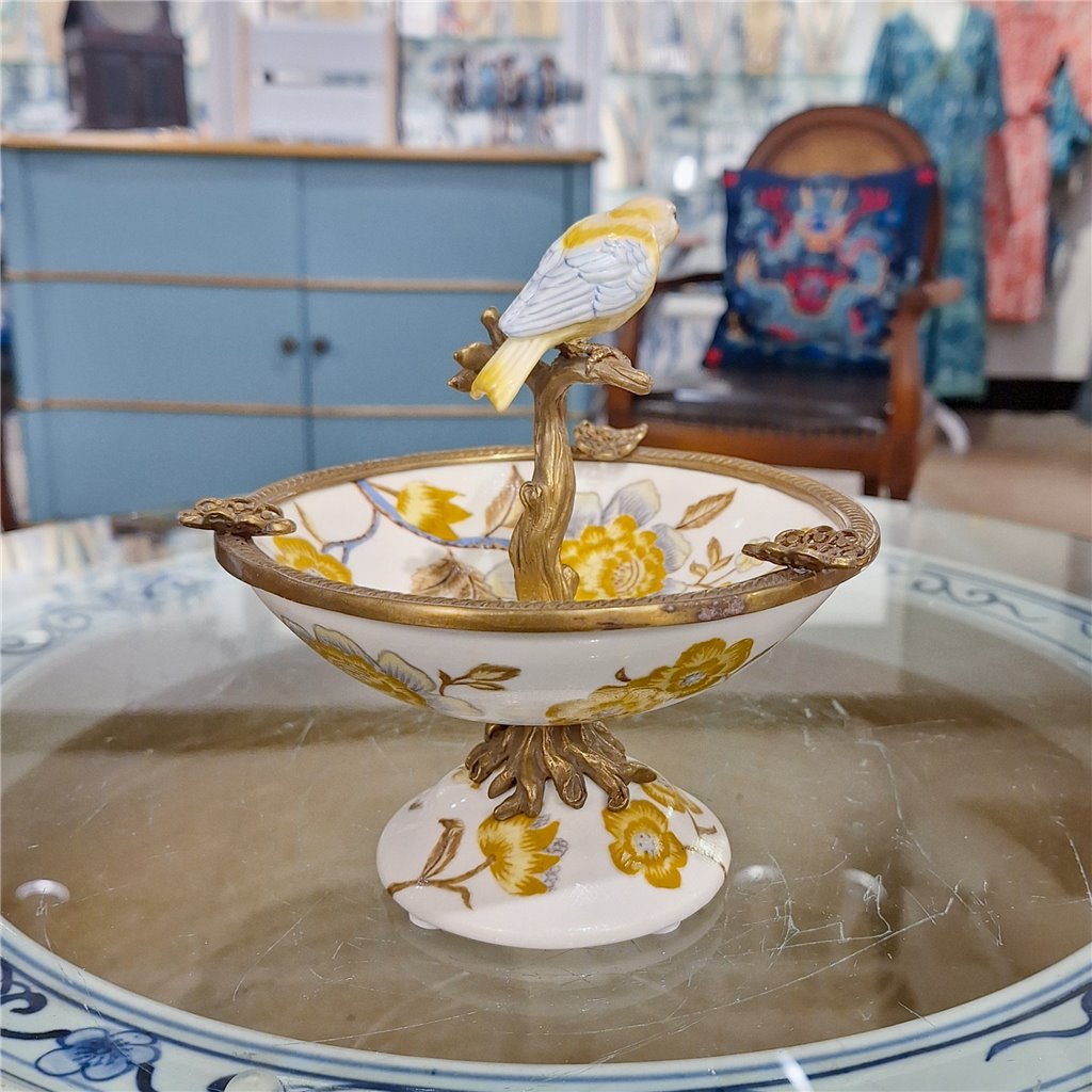 Danny's Fine Porcelain Home Decor Danny's Fine Porcelain Porcelain Bird Dish With Bronze Ormolu - Yellow Floral 60416
