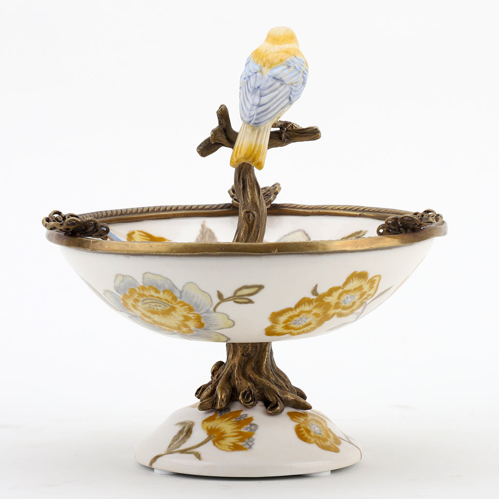 Danny's Fine Porcelain Home Decor Danny's Fine Porcelain Porcelain Bird Dish With Bronze Ormolu - Yellow Floral 60416