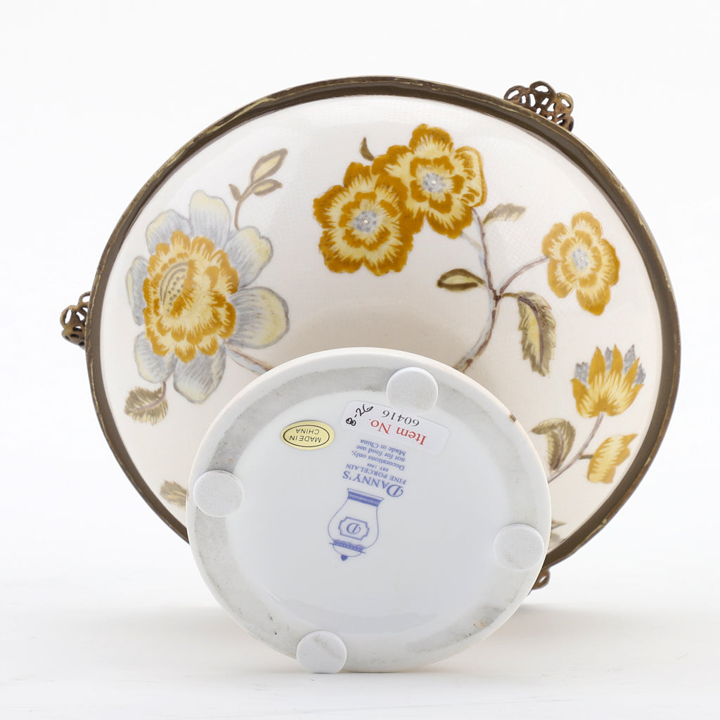 Danny's Fine Porcelain Home Decor Danny's Fine Porcelain Porcelain Bird Dish With Bronze Ormolu - Yellow Floral 60416