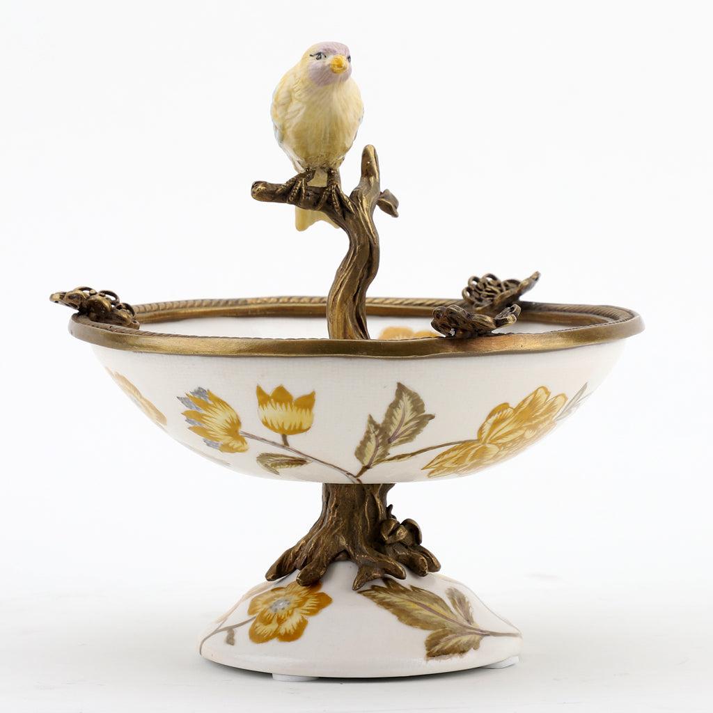 Danny's Fine Porcelain Home Decor Danny's Fine Porcelain Porcelain Bird Dish With Bronze Ormolu - Yellow Floral 60416