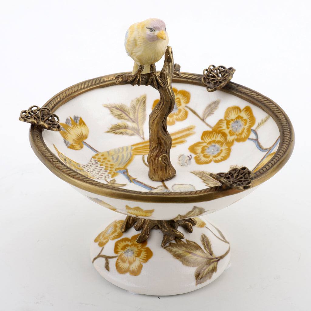 Danny's Fine Porcelain Home Decor Danny's Fine Porcelain Porcelain Bird Dish With Bronze Ormolu - Yellow Floral 60416