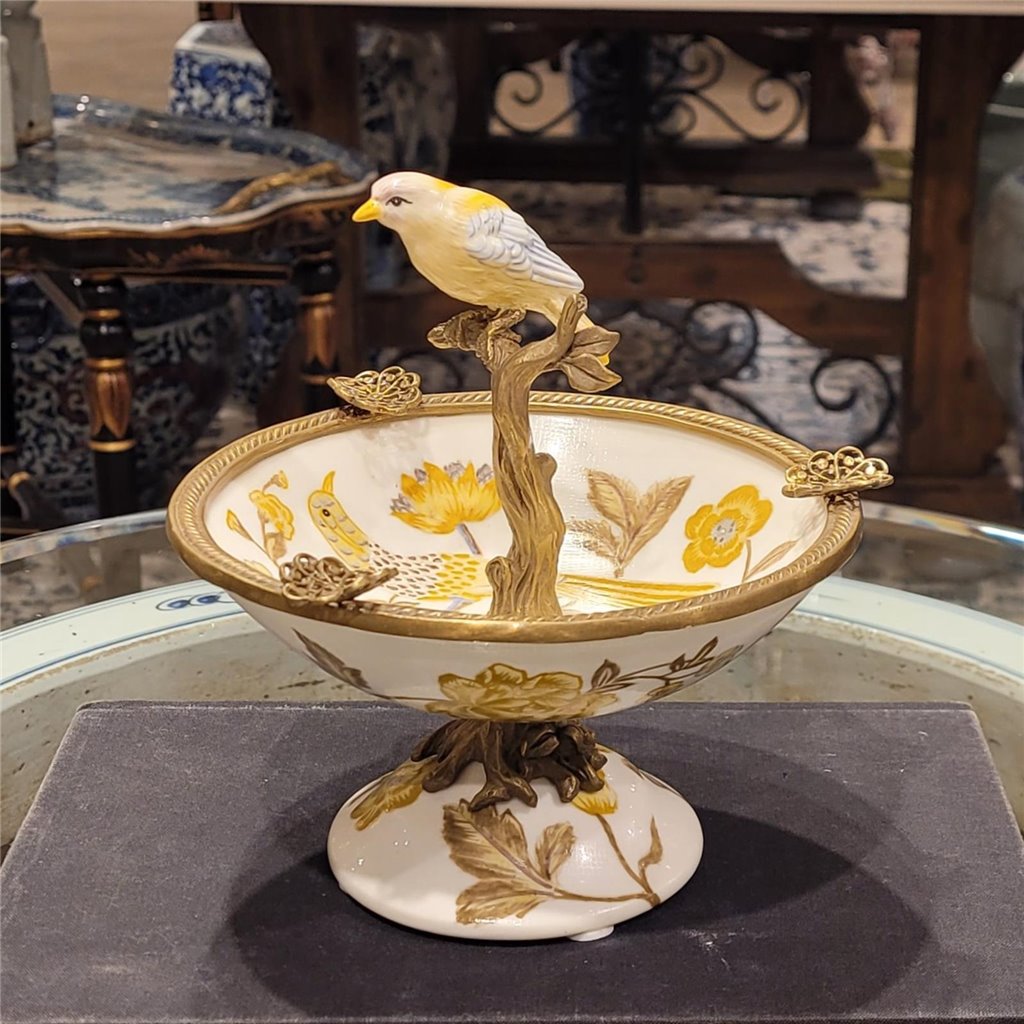 Danny's Fine Porcelain Home Decor Danny's Fine Porcelain Porcelain Bird Dish With Bronze Ormolu - Yellow Floral 60416