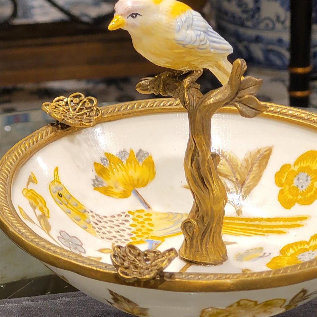 Danny's Fine Porcelain Home Decor Danny's Fine Porcelain Porcelain Bird Dish With Bronze Ormolu - Yellow Floral 60416