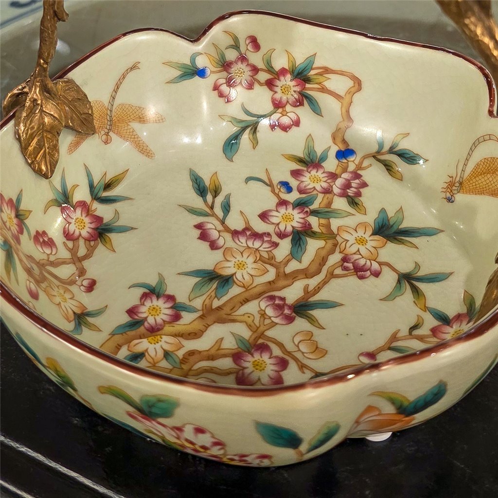Danny's Fine Porcelain Home Decor Danny's Fine Porcelain Porcelain Bowl with Ormolu Handle-Floral Vine
