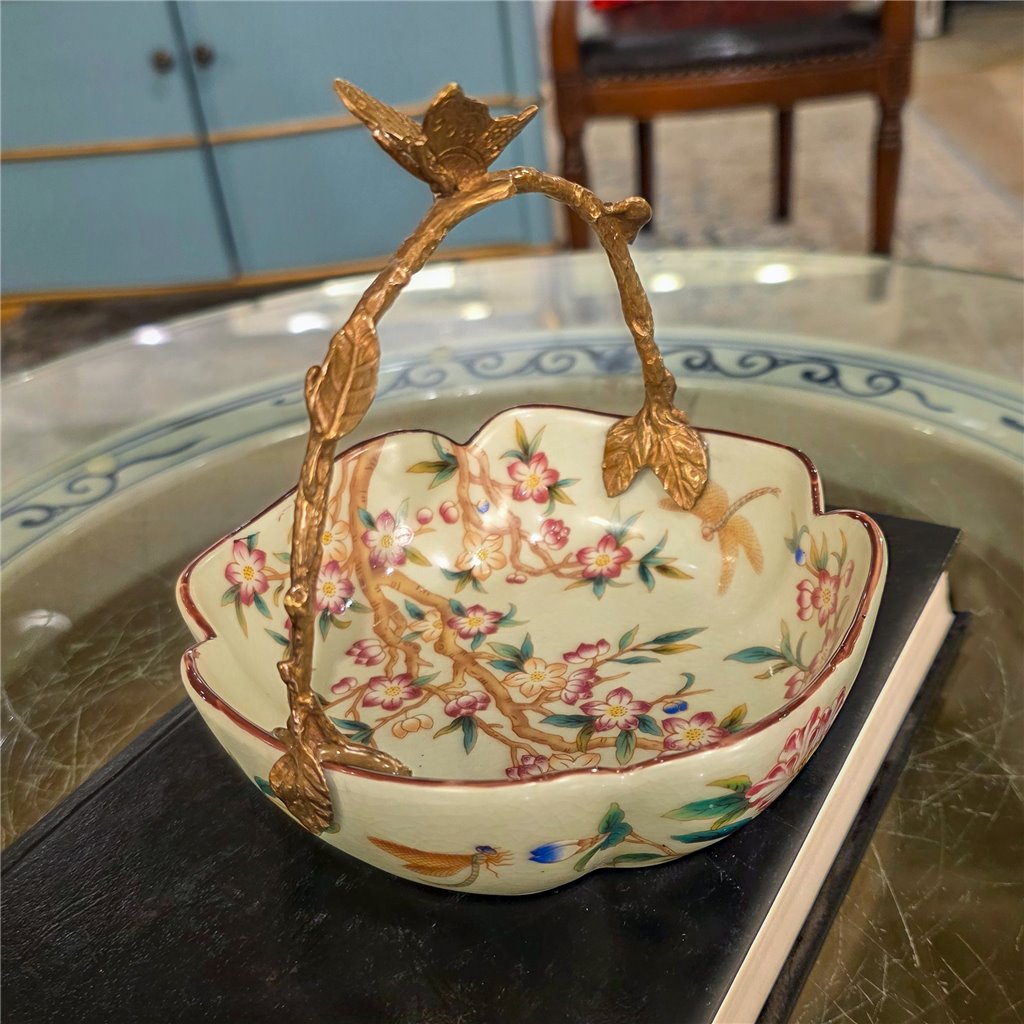Danny's Fine Porcelain Home Decor Danny's Fine Porcelain Porcelain Bowl with Ormolu Handle-Floral Vine