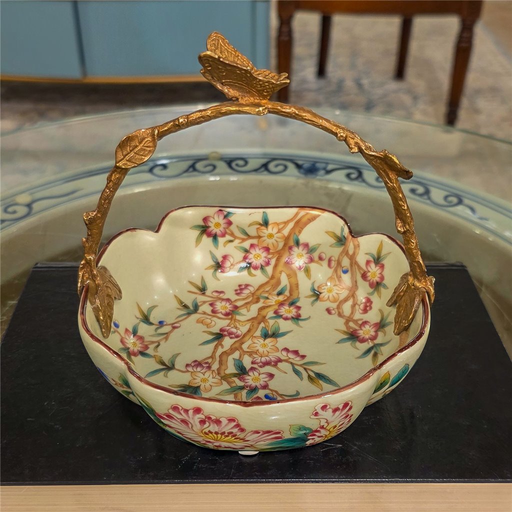 Danny's Fine Porcelain Home Decor Danny's Fine Porcelain Porcelain Bowl with Ormolu Handle-Floral Vine