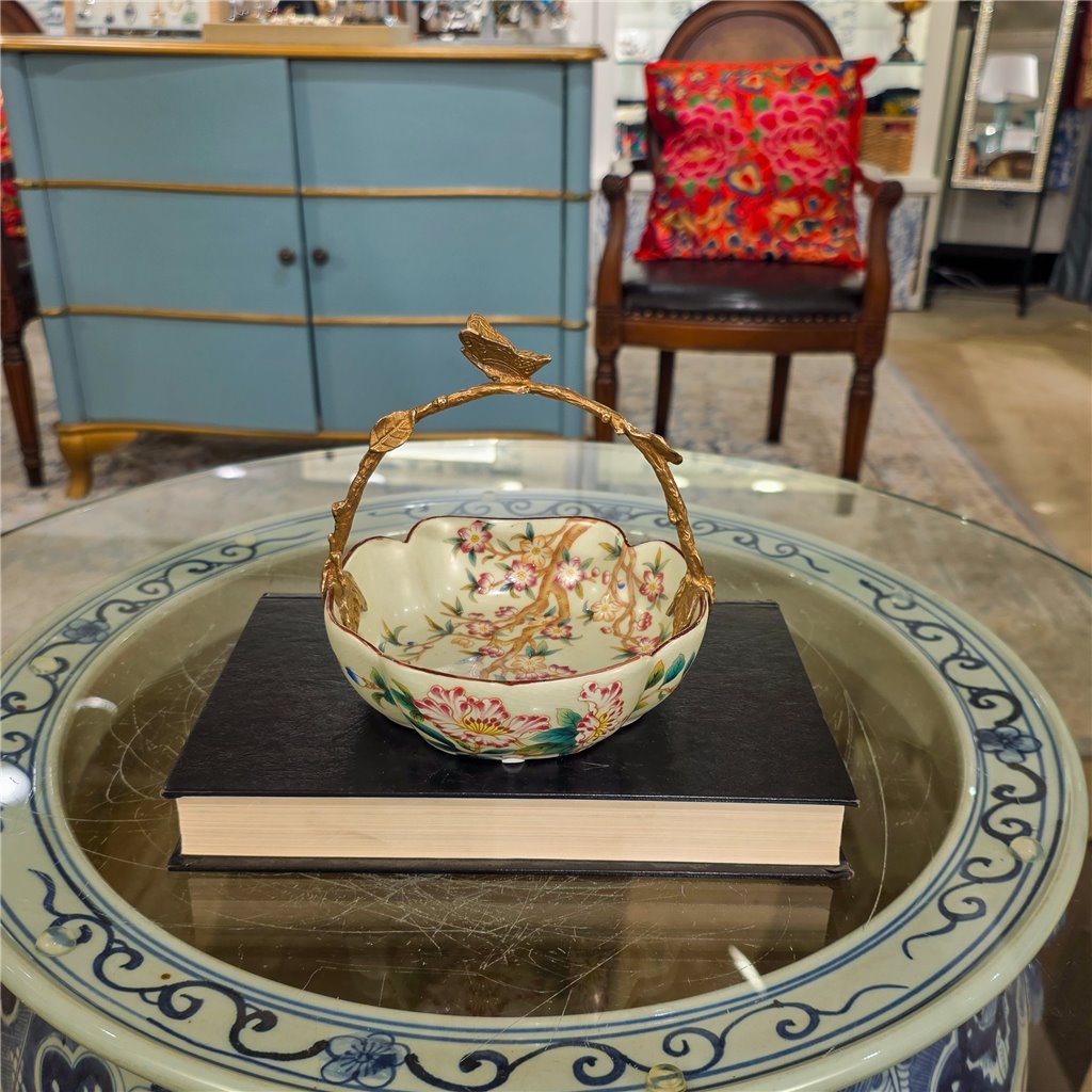 Danny's Fine Porcelain Home Decor Danny's Fine Porcelain Porcelain Bowl with Ormolu Handle-Floral Vine