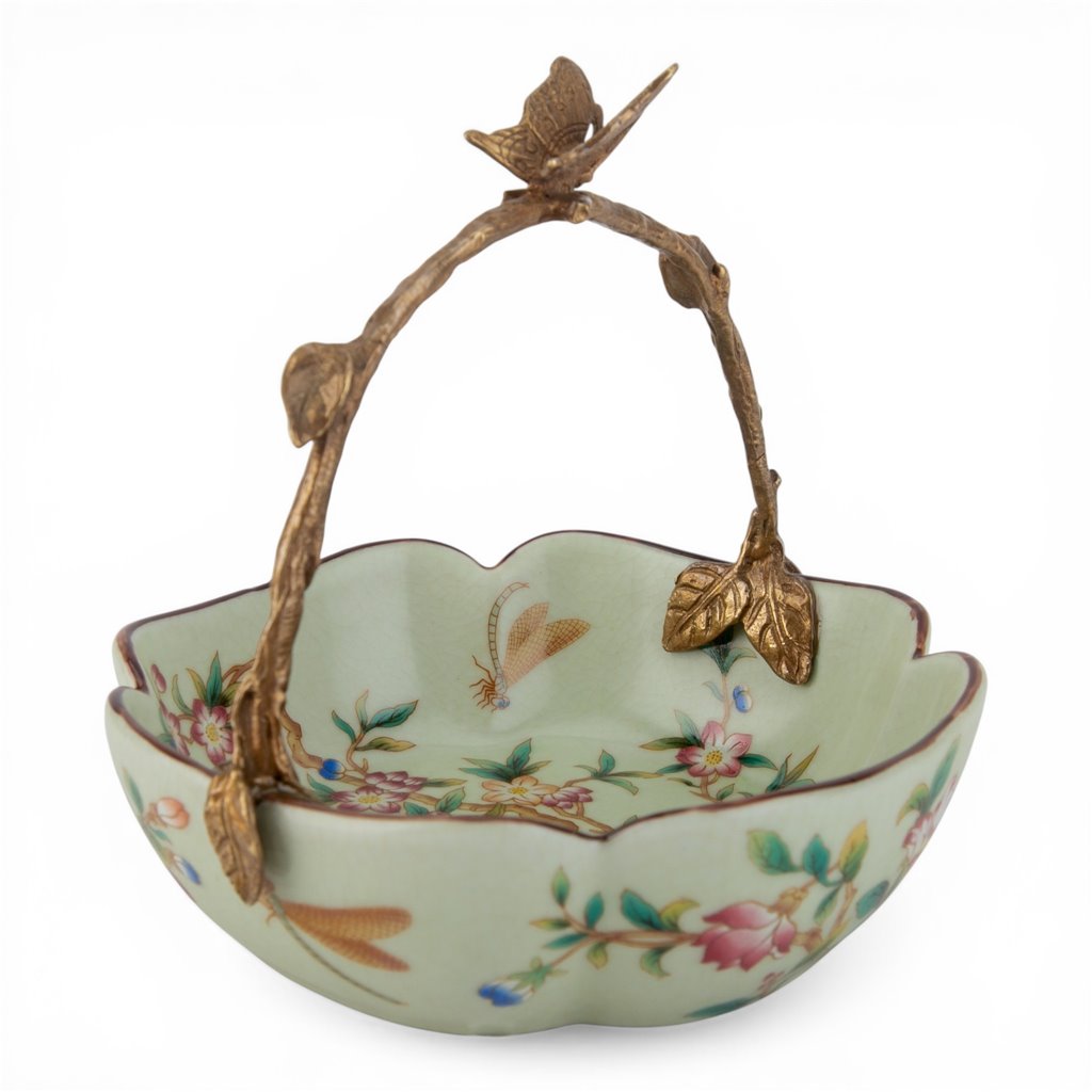 Danny's Fine Porcelain Home Decor Danny's Fine Porcelain Porcelain Bowl with Ormolu Handle-Floral Vine