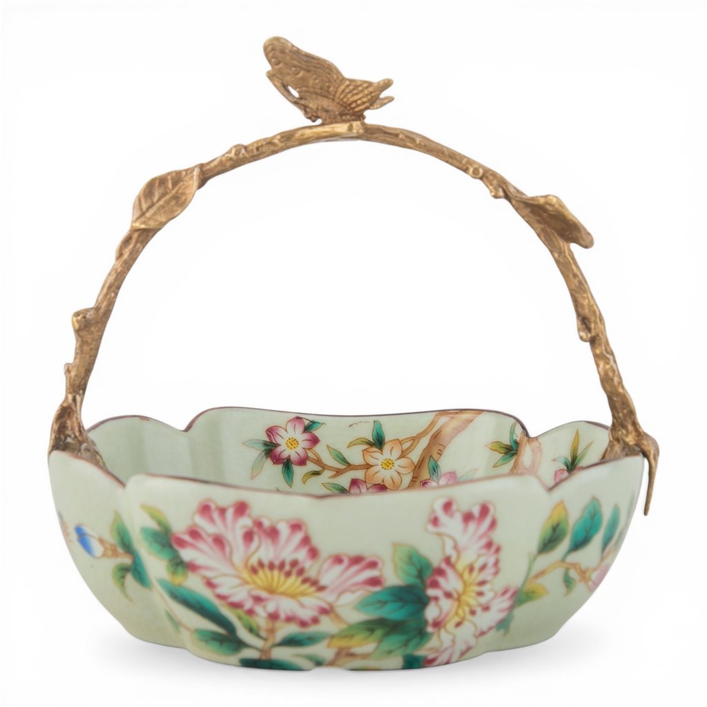 Danny's Fine Porcelain Home Decor Danny's Fine Porcelain Porcelain Bowl with Ormolu Handle-Floral Vine