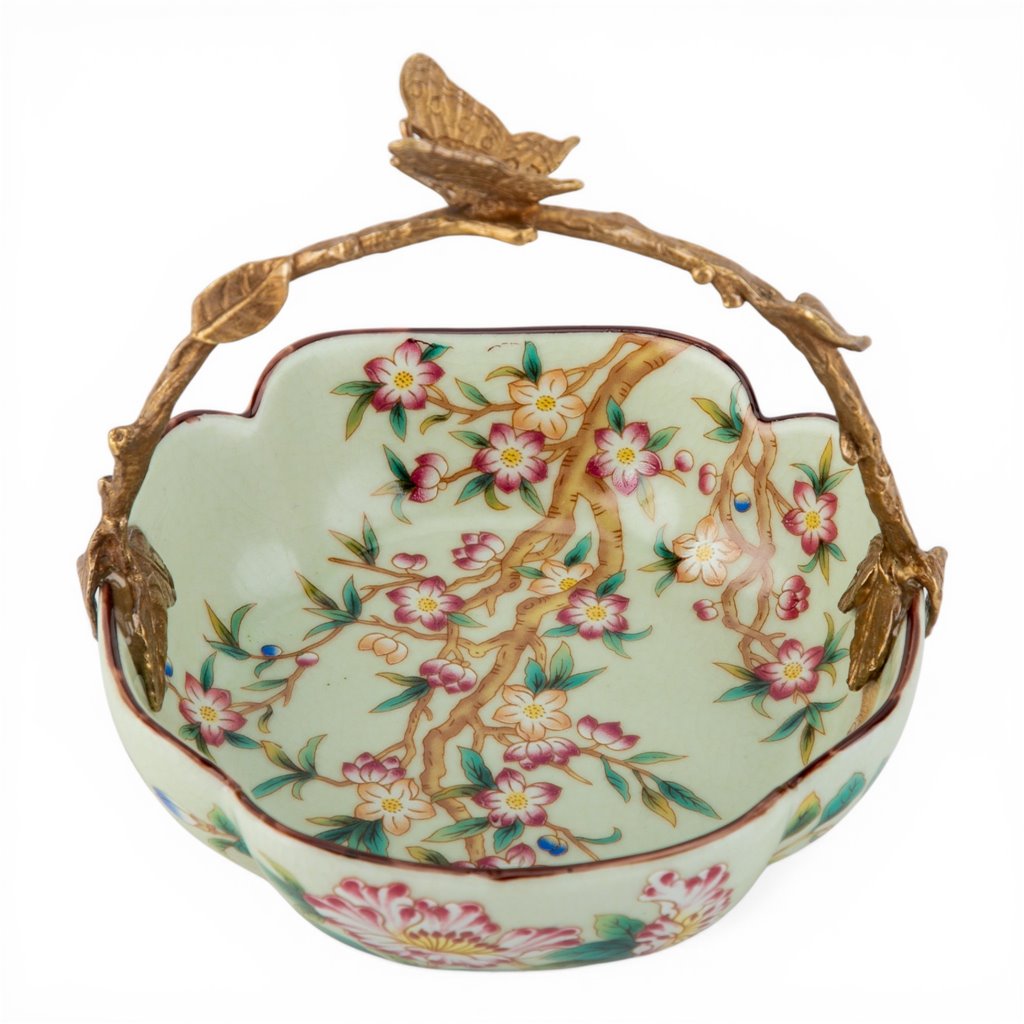 Danny's Fine Porcelain Home Decor Danny's Fine Porcelain Porcelain Bowl with Ormolu Handle-Floral Vine