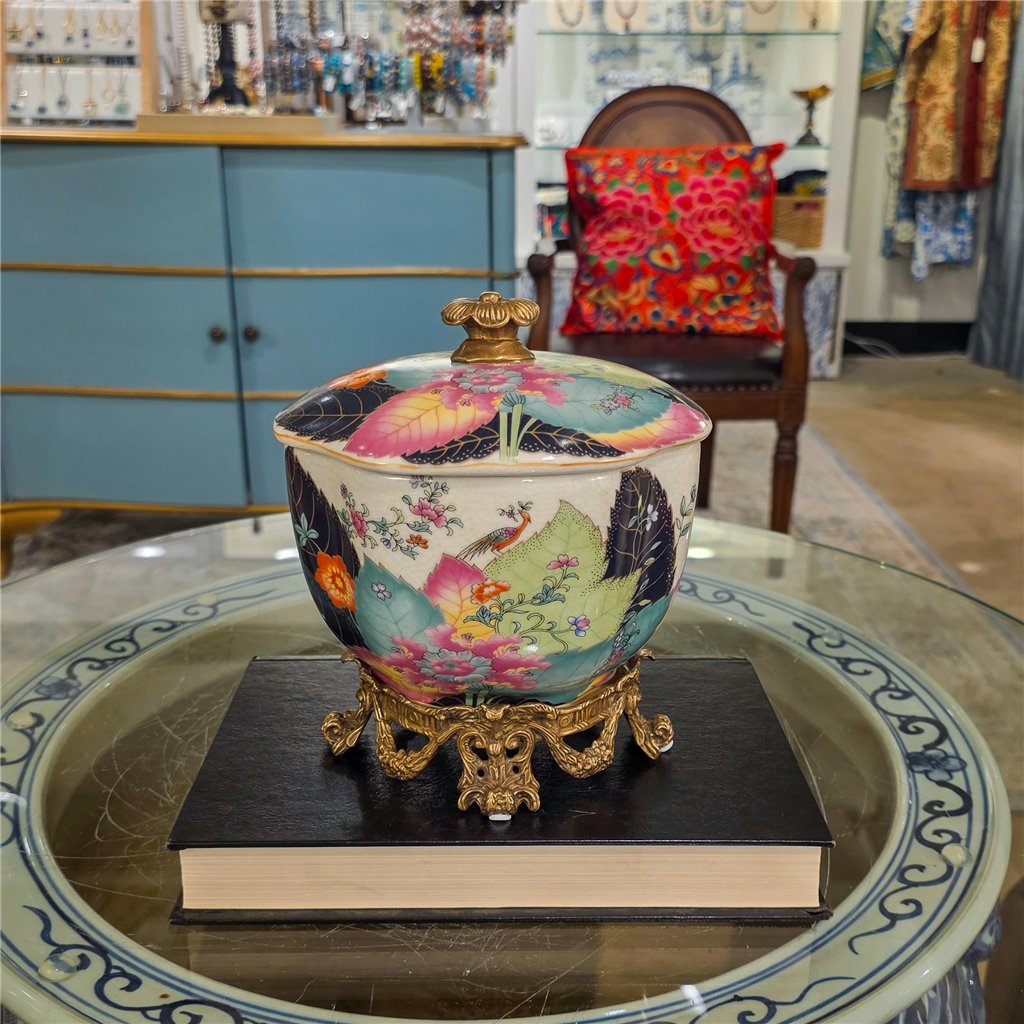 Danny's Fine Porcelain Home Decor Danny's Fine Porcelain Porcelain Covered Jar with Ormolu Base-Tobacco Leaf A Vibrant Porcelain