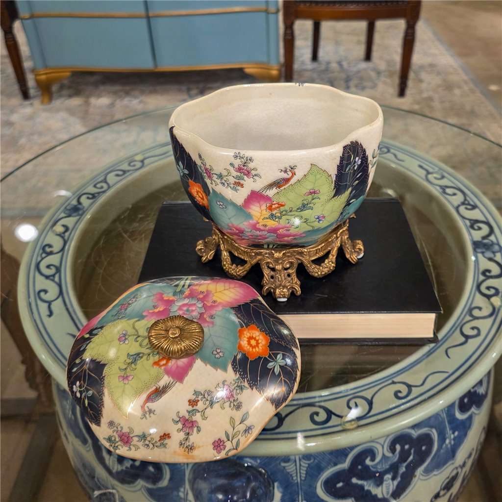 Danny's Fine Porcelain Home Decor Danny's Fine Porcelain Porcelain Covered Jar with Ormolu Base-Tobacco Leaf A Vibrant Porcelain