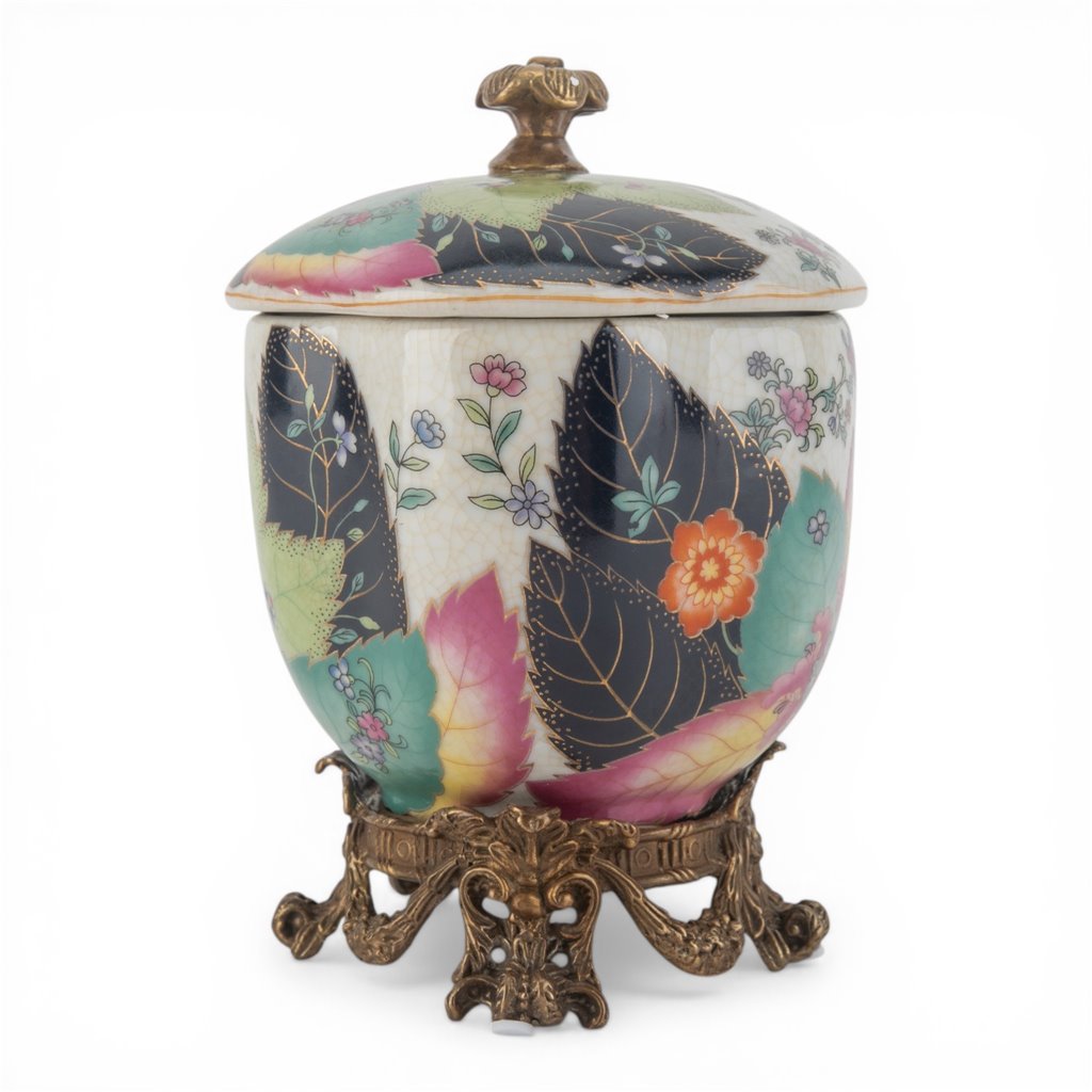Danny's Fine Porcelain Home Decor Danny's Fine Porcelain Porcelain Covered Jar with Ormolu Base-Tobacco Leaf A Vibrant Porcelain