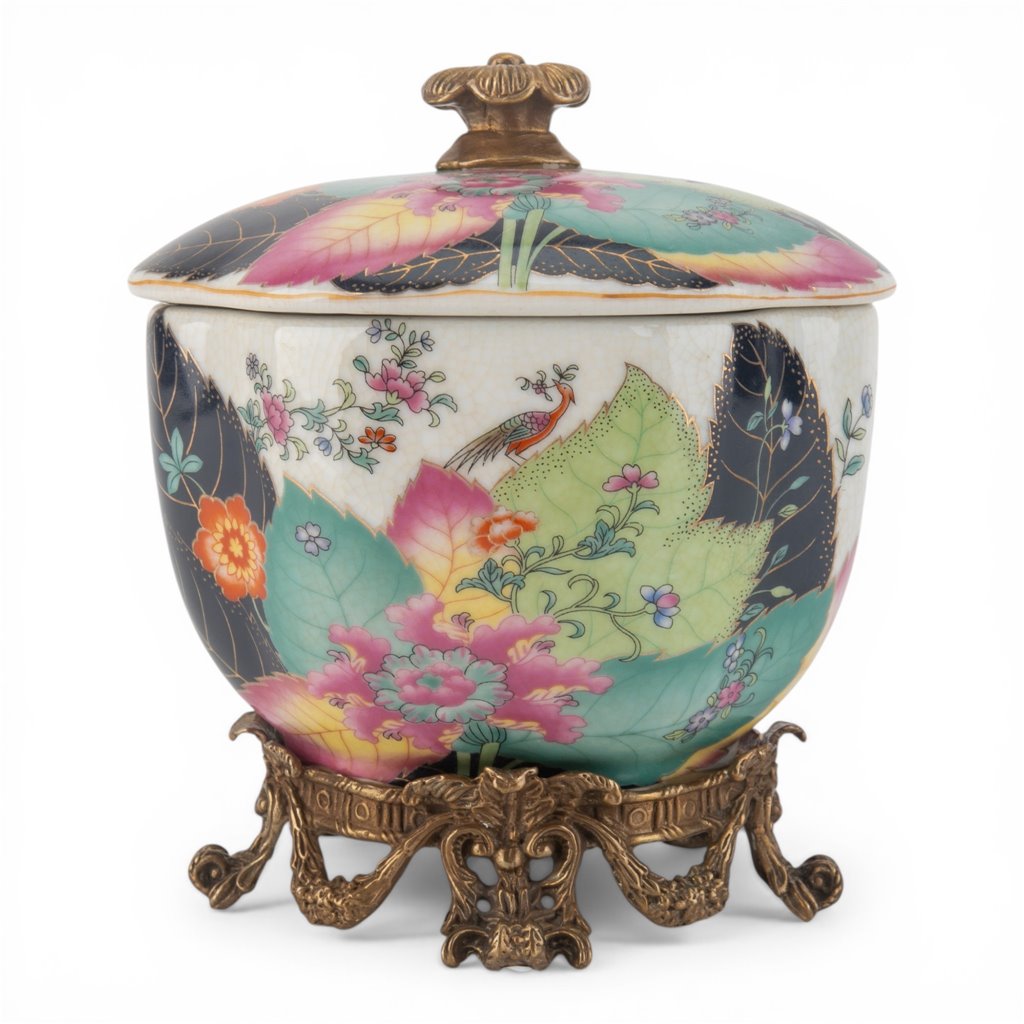 Danny's Fine Porcelain Home Decor Danny's Fine Porcelain Porcelain Covered Jar with Ormolu Base-Tobacco Leaf A Vibrant Porcelain