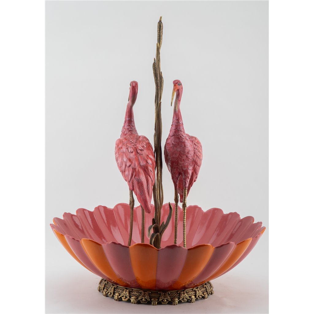 Danny's Fine Porcelain Home Decor Danny's Fine Porcelain Porcelain Double Flamingo Basin With Bronze Ormolu - Pink And Red 60999