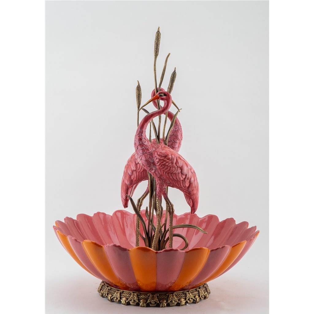Danny's Fine Porcelain Home Decor Danny's Fine Porcelain Porcelain Double Flamingo Basin With Bronze Ormolu - Pink And Red 60999