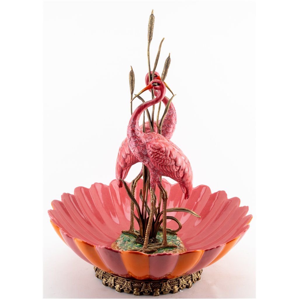 Danny's Fine Porcelain Home Decor Danny's Fine Porcelain Porcelain Double Flamingo Basin With Bronze Ormolu - Pink And Red 60999