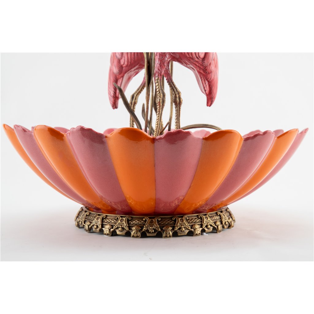 Danny's Fine Porcelain Home Decor Danny's Fine Porcelain Porcelain Double Flamingo Basin With Bronze Ormolu - Pink And Red 60999
