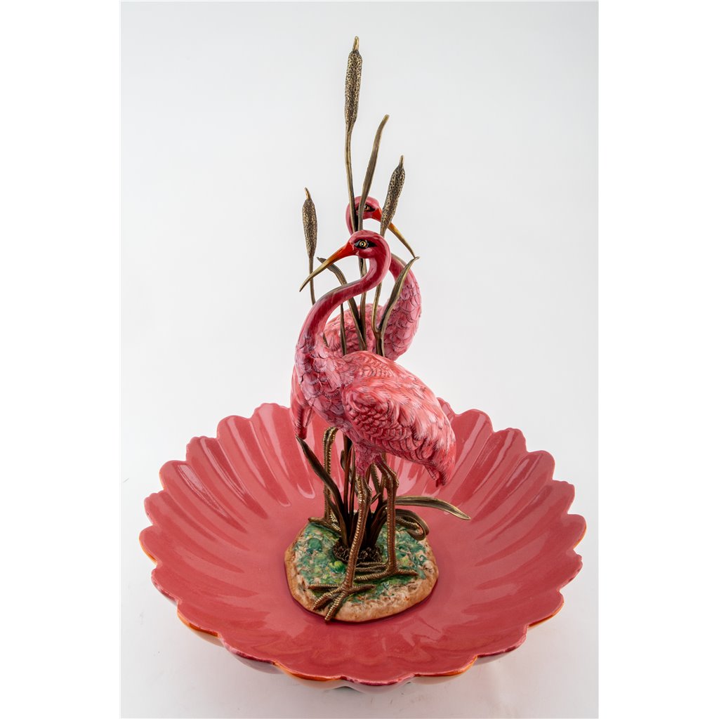 Danny's Fine Porcelain Home Decor Danny's Fine Porcelain Porcelain Double Flamingo Basin With Bronze Ormolu - Pink And Red 60999