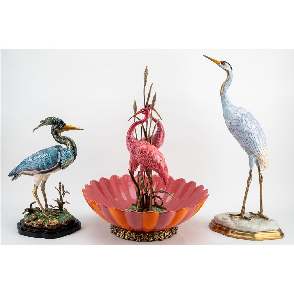 Danny's Fine Porcelain Home Decor Danny's Fine Porcelain Porcelain Double Flamingo Basin With Bronze Ormolu - Pink And Red 60999
