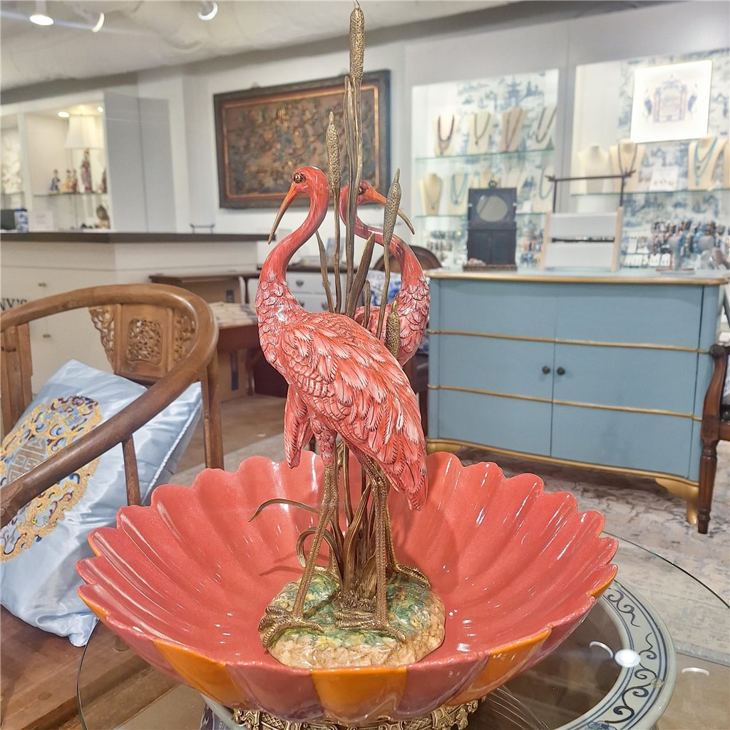 Danny's Fine Porcelain Home Decor Danny's Fine Porcelain Porcelain Double Flamingo Basin With Bronze Ormolu - Pink And Red 60999