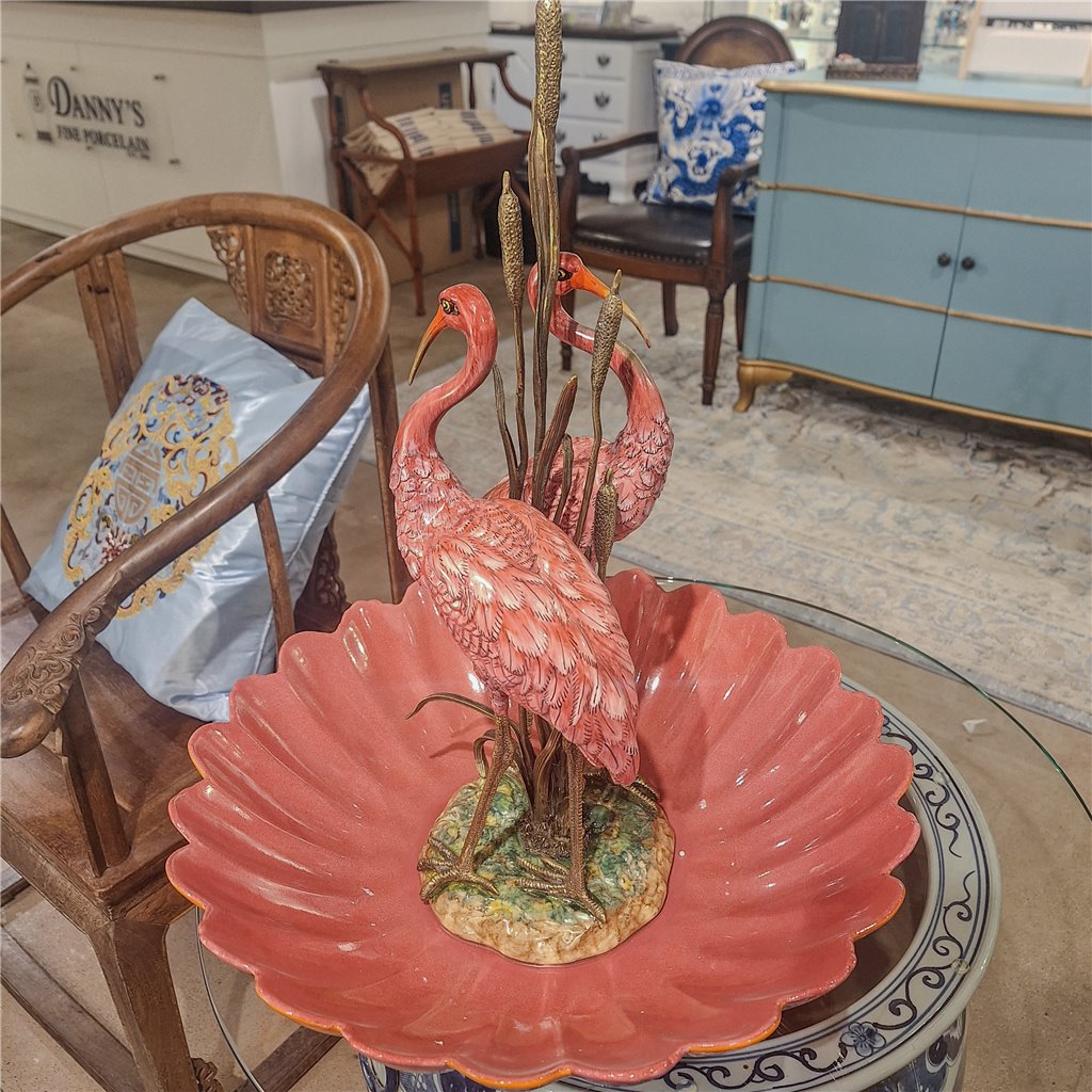 Danny's Fine Porcelain Home Decor Danny's Fine Porcelain Porcelain Double Flamingo Basin With Bronze Ormolu - Pink And Red 60999