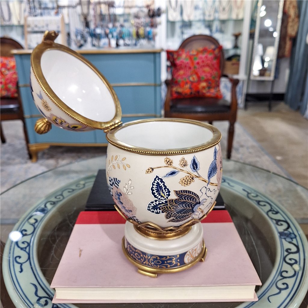 Danny's Fine Porcelain Home Decor Danny's Fine Porcelain Porcelain Egg Shaped Hinged Box with Bronze Ormolu - Silk Blossom