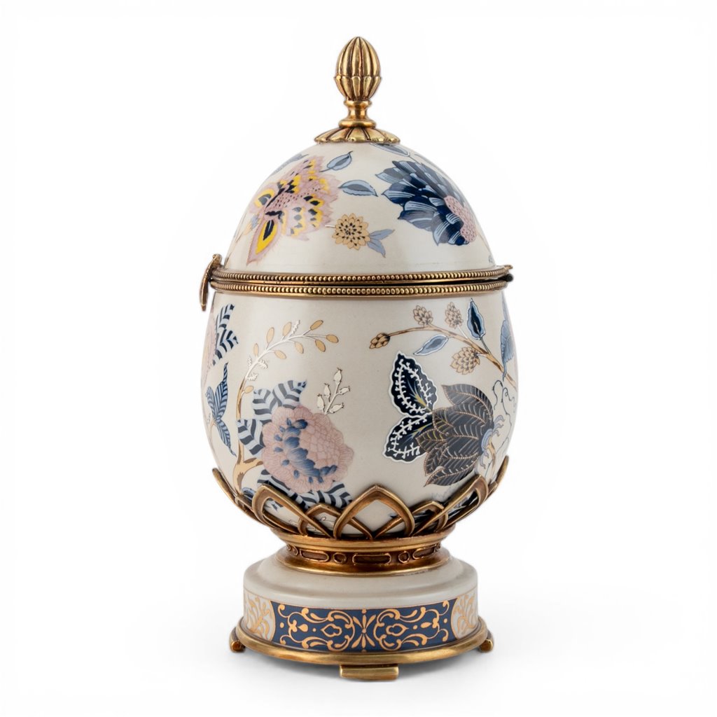 Danny's Fine Porcelain Home Decor Danny's Fine Porcelain Porcelain Egg Shaped Hinged Box with Bronze Ormolu - Silk Blossom