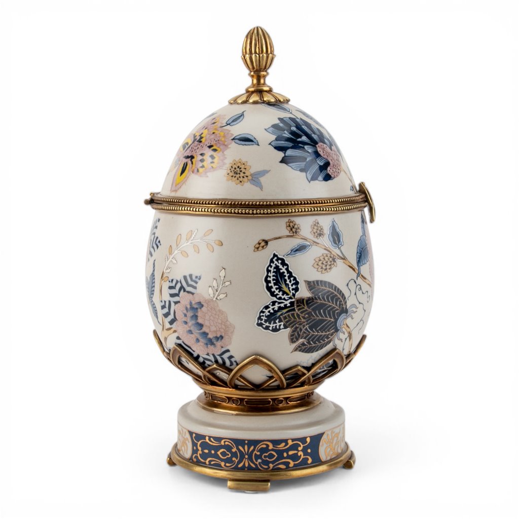Danny's Fine Porcelain Home Decor Danny's Fine Porcelain Porcelain Egg Shaped Hinged Box with Bronze Ormolu - Silk Blossom