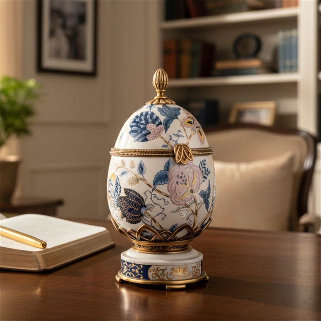 Danny's Fine Porcelain Home Decor Danny's Fine Porcelain Porcelain Egg Shaped Hinged Box with Bronze Ormolu - Silk Blossom