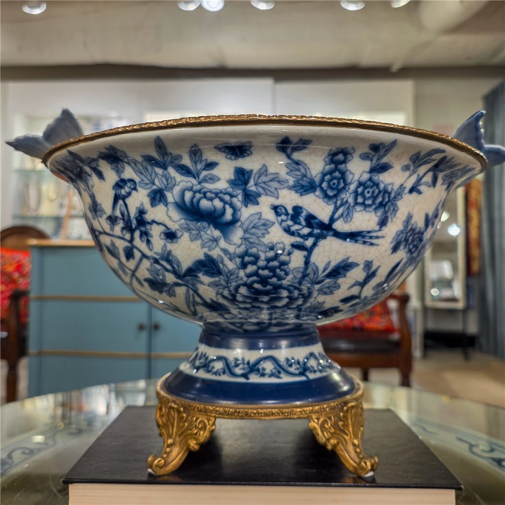 Danny's Fine Porcelain Home Decor Danny's Fine Porcelain Porcelain Footed Bowl with Butterfly Handles-Blue Bird