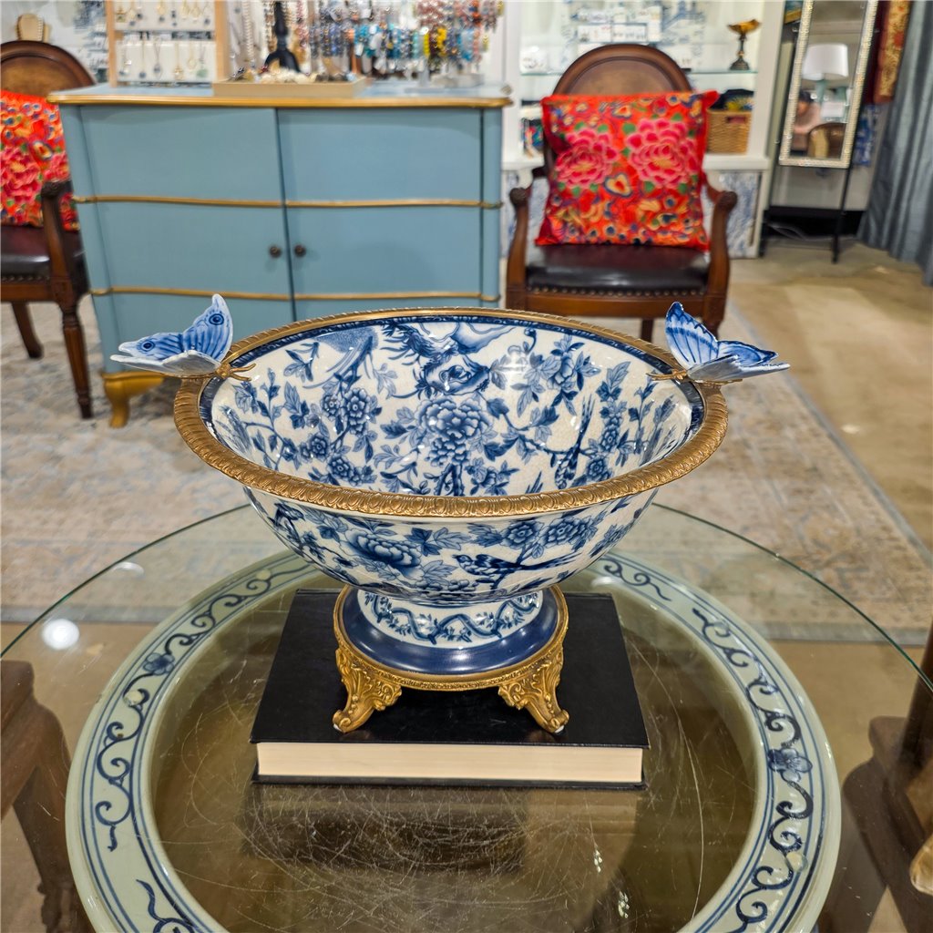 Danny's Fine Porcelain Home Decor Danny's Fine Porcelain Porcelain Footed Bowl with Butterfly Handles-Blue Bird