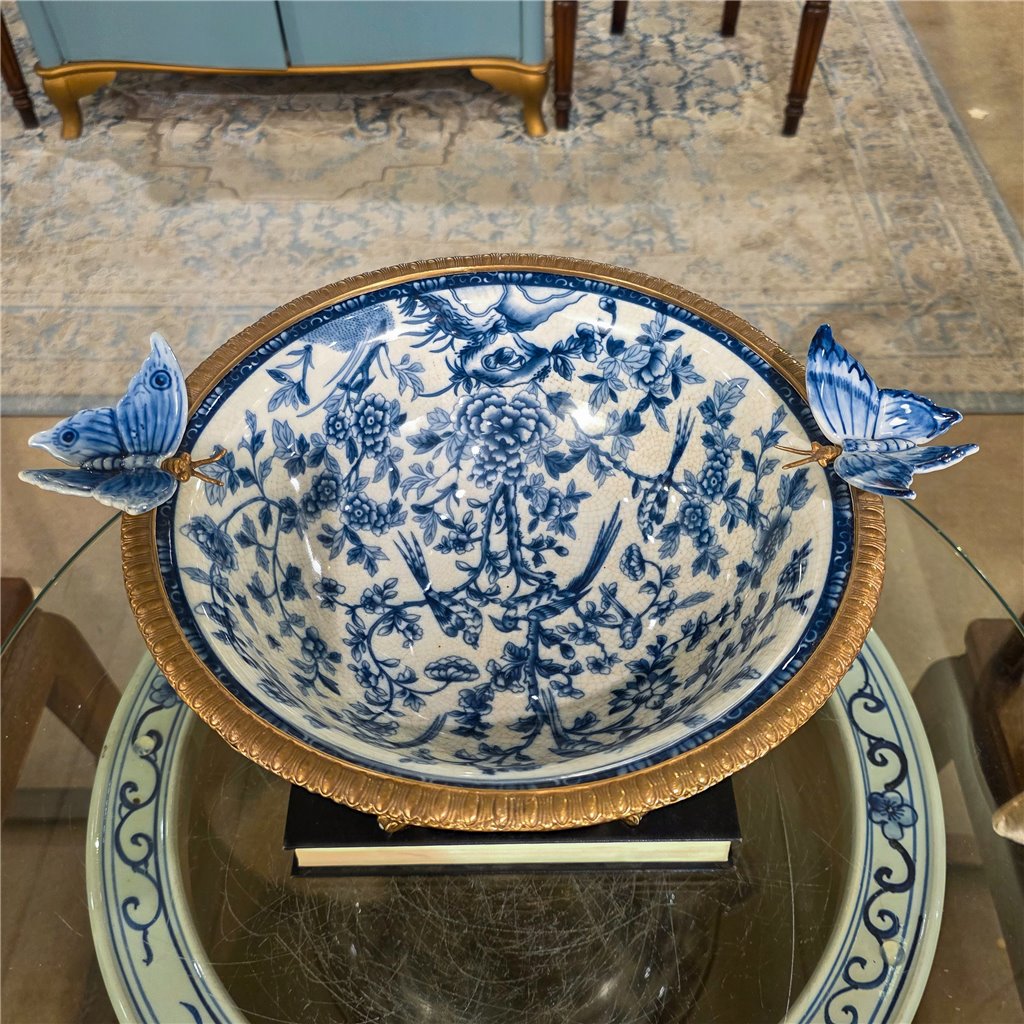 Danny's Fine Porcelain Home Decor Danny's Fine Porcelain Porcelain Footed Bowl with Butterfly Handles-Blue Bird